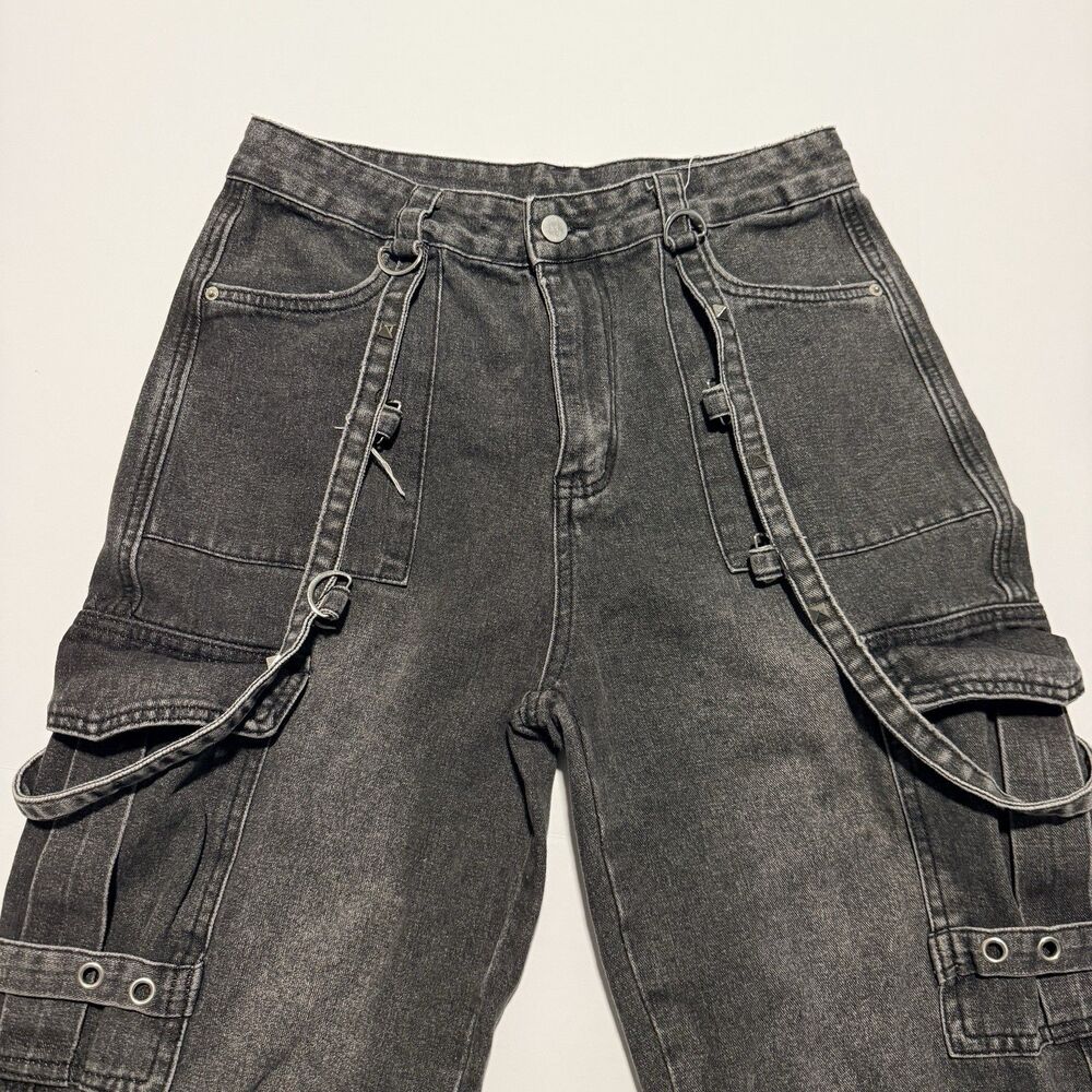 Y2K Goth ROWME Wide Leg Large 8-10 Cargo Pants Black Acid Wash Tripp Style Jeans